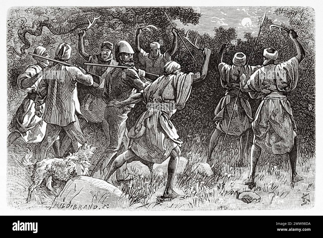 Scorta che ha accompagnato il dottor Nachtigal nella sua esplorazione, regione del Tibesti, Ciad, Africa. Disegno di Ivan Pranishnikoff (1841 - 1909) due mesi a Tibesti, episodi da viaggi in Africa 1869-1873 di Dr. Gustav Hermann Nachtigal (1834 - 1885) le Tour du Monde 1880 Foto Stock