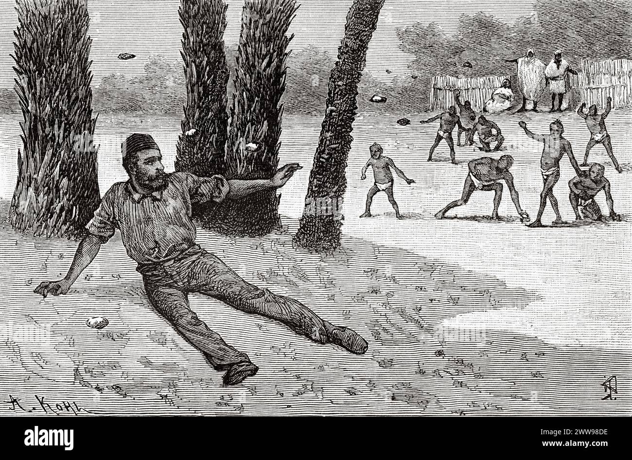 Il dottor Nachtigal è lapidato in un villaggio, nella regione di Tibesti, in Ciad, in Africa. Disegno di Ivan Pranishnikoff (1841 - 1909) due mesi a Tibesti, episodi da viaggi in Africa 1869-1873 di Dr. Gustav Hermann Nachtigal (1834 - 1885) le Tour du Monde 1880 Foto Stock