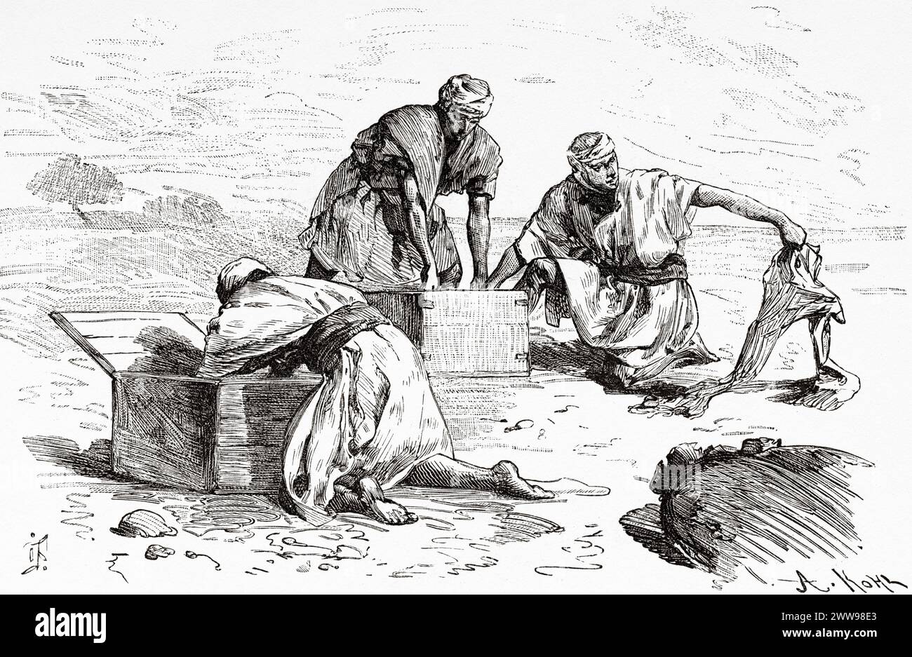 Il rombo Tubo che attraversa i cassetti di abbigliamento del Dr. Nachtigal, regione del Tibesti, Ciad, Africa. Disegno di Ivan Pranishnikoff (1841 - 1909) due mesi a Tibesti, episodi da viaggi in Africa 1869-1873 di Dr. Gustav Hermann Nachtigal (1834 - 1885) le Tour du Monde 1880 Foto Stock