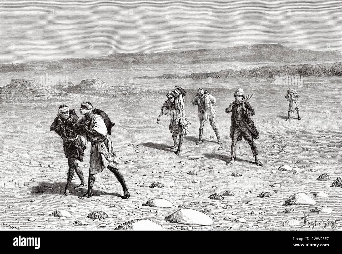 La spedizione al suo ritorno attraverso il deserto sulla strada per Tedscherri, una città nel deserto del Sahara, regione del Tibesti, Ciad, Africa. Disegno di Ivan Pranishnikoff (1841 - 1909) due mesi a Tibesti, episodi da viaggi in Africa 1869-1873 di Dr. Gustav Hermann Nachtigal (1834 - 1885) le Tour du Monde 1880 Foto Stock