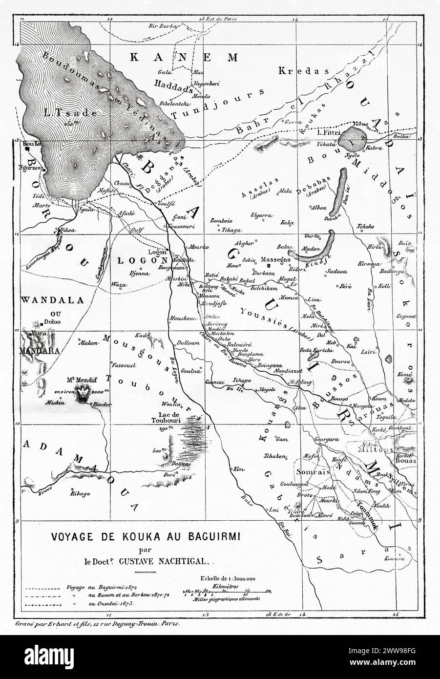 Mappa del viaggio del dottor Gustav Hermann Nachtigal, Africa centrale. Disegno di Ivan Pranishnikoff (1841 - 1909) viaggio da Borno a Baguirmi 1872 del Dr. Gustav Hermann Nachtigal (1834 - 1885) le Tour du Monde 1880 Foto Stock