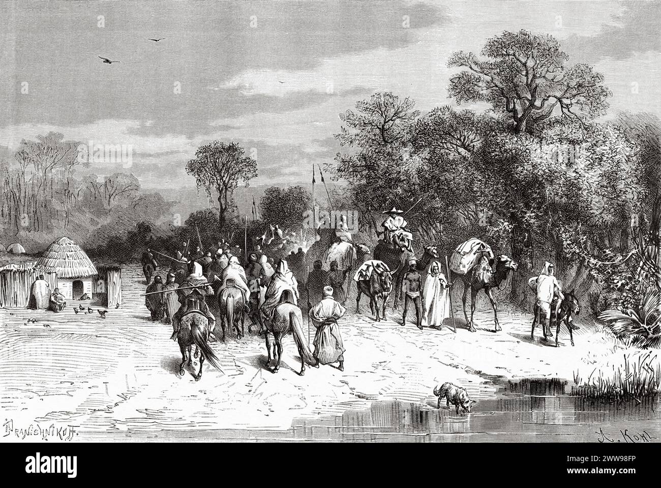 Riunione delle carovane nello Stato di Borno sulla costa occidentale del Lago Ciad, Nigeria. Africa centrale. Disegno di Ivan Pranishnikoff (1841 - 1909) viaggio da Borno a Baguirmi 1872 del Dr. Gustav Hermann Nachtigal (1834 - 1885) le Tour du Monde 1880 Foto Stock