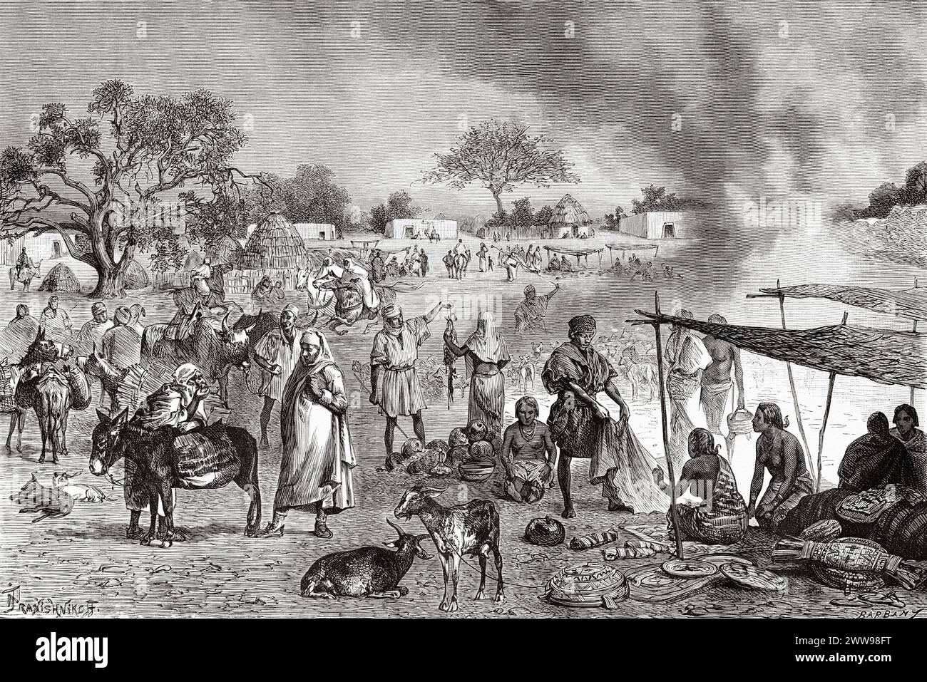 Marte Village, area di governo locale dello stato di Borno sulla costa occidentale del lago Ciad, Nigeria. Africa centrale. Disegno di Ivan Pranishnikoff (1841 - 1909) viaggio da Borno a Baguirmi 1872 del Dr. Gustav Hermann Nachtigal (1834 - 1885) le Tour du Monde 1880 Foto Stock