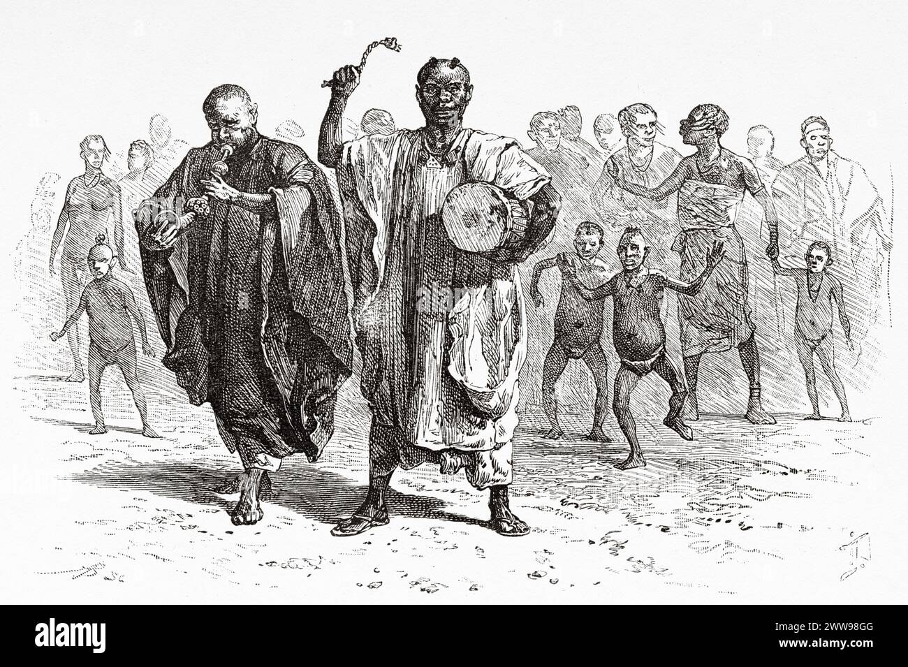 Gruppo tradizionale di musicisti del regno di Baguirmi, Camerun. Africa centrale. Disegno di Ivan Pranishnikoff (1841 - 1909) viaggio da Borno a Baguirmi 1872 del Dr. Gustav Hermann Nachtigal (1834 - 1885) le Tour du Monde 1880 Foto Stock