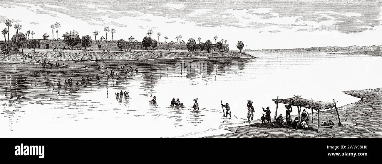 Villaggio di Logone-Birni, sponda del fiume Logone. Confine di Stato tra Camerun e Ciad. Africa centrale. Disegno di Ivan Pranishnikoff (1841 - 1909) viaggio da Borno a Baguirmi 1872 del Dr. Gustav Hermann Nachtigal (1834 - 1885) le Tour du Monde 1880 Foto Stock