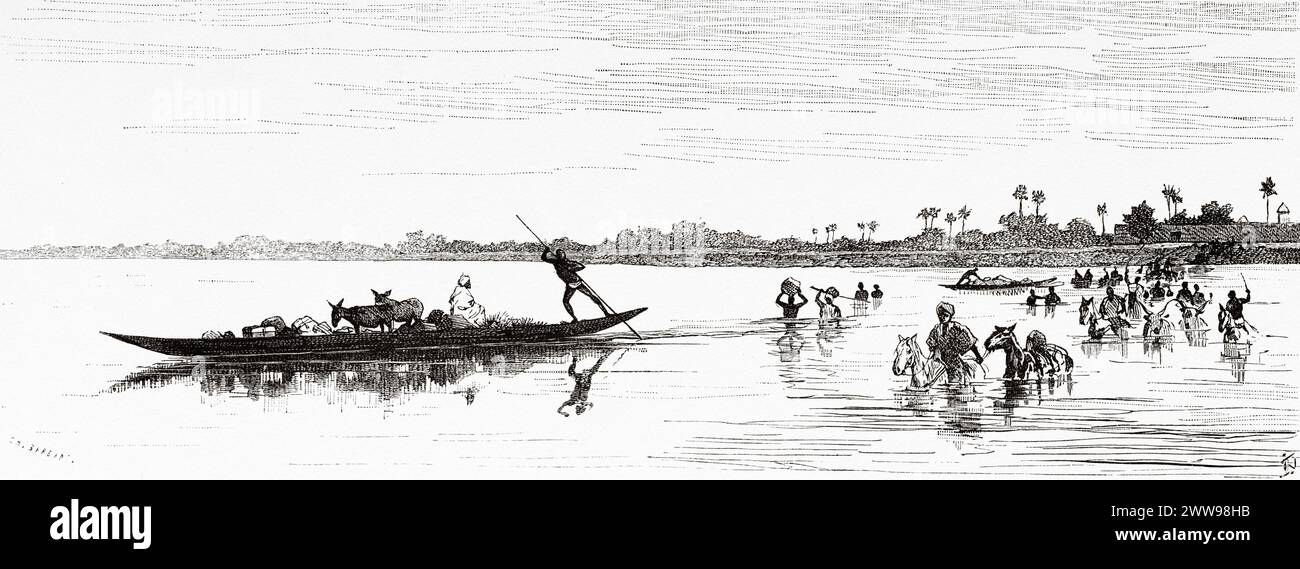 Chari River Passage, a sud-est di Logone, Ciad. Africa centrale. Disegno di Ivan Pranishnikoff (1841 - 1909) viaggio da Borno a Baguirmi 1872 del Dr. Gustav Hermann Nachtigal (1834 - 1885) le Tour du Monde 1880 Foto Stock