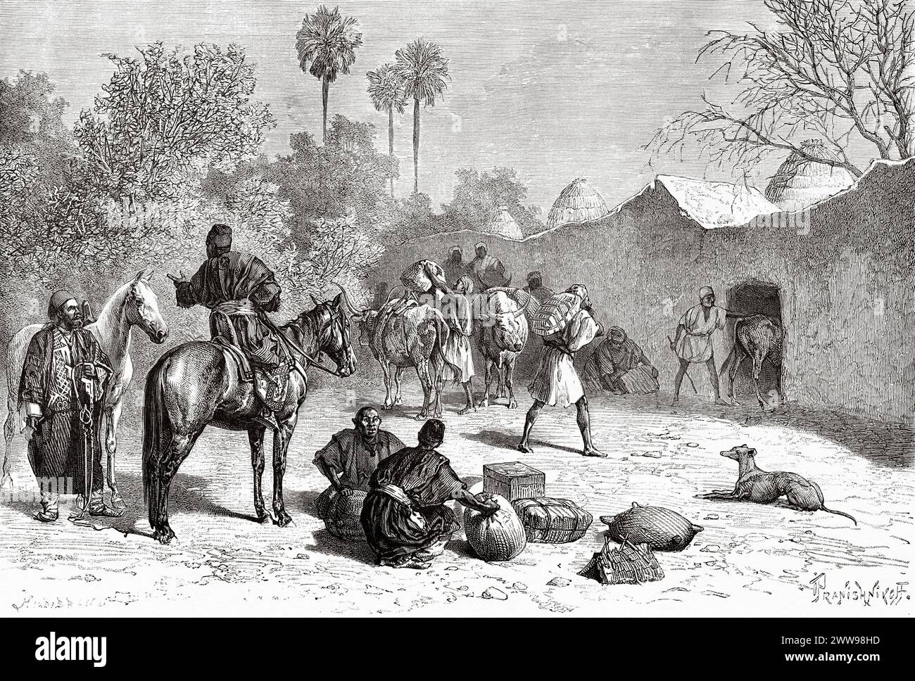 Arriverai al villaggio di Bougoman, a sud-est di Logone, Ciad. Africa centrale. Disegno di Ivan Pranishnikoff (1841 - 1909) viaggio da Borno a Baguirmi 1872 del Dr. Gustav Hermann Nachtigal (1834 - 1885) le Tour du Monde 1880 Foto Stock