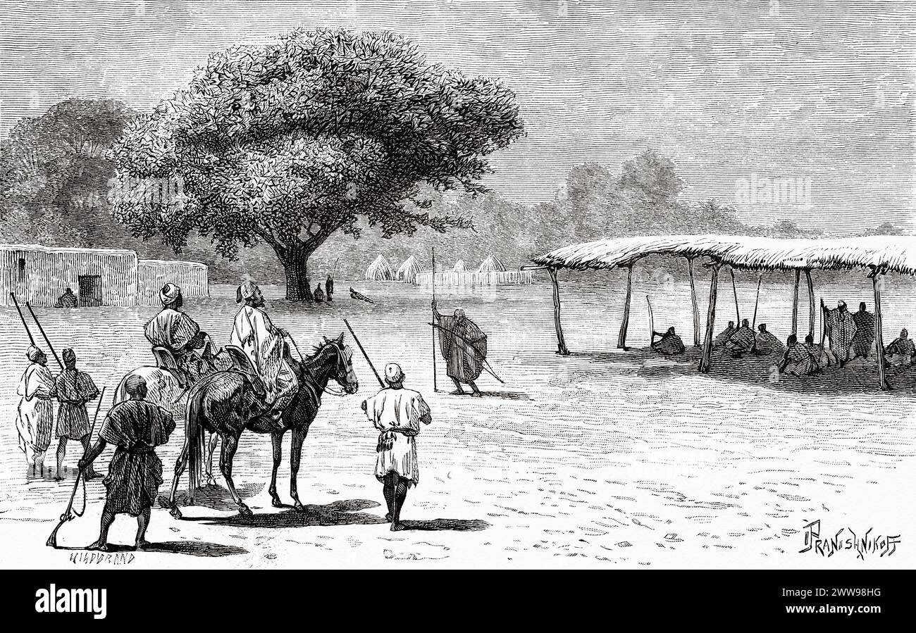 Villaggio di Bougoman, a sud-est di Logone, Ciad. Africa centrale. Disegno di Ivan Pranishnikoff (1841 - 1909) viaggio da Borno a Baguirmi 1872 del Dr. Gustav Hermann Nachtigal (1834 - 1885) le Tour du Monde 1880 Foto Stock