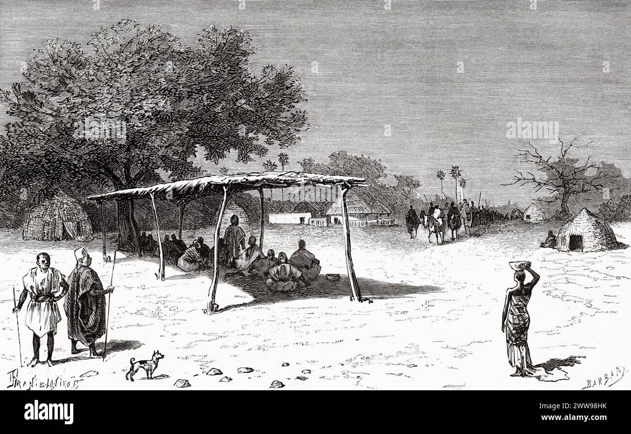 Ricevimento al villaggio Bougoman, a sud-est di Logone, Ciad. Africa centrale. Disegno di Ivan Pranishnikoff (1841 - 1909) viaggio da Borno a Baguirmi 1872 del Dr. Gustav Hermann Nachtigal (1834 - 1885) le Tour du Monde 1880 Foto Stock