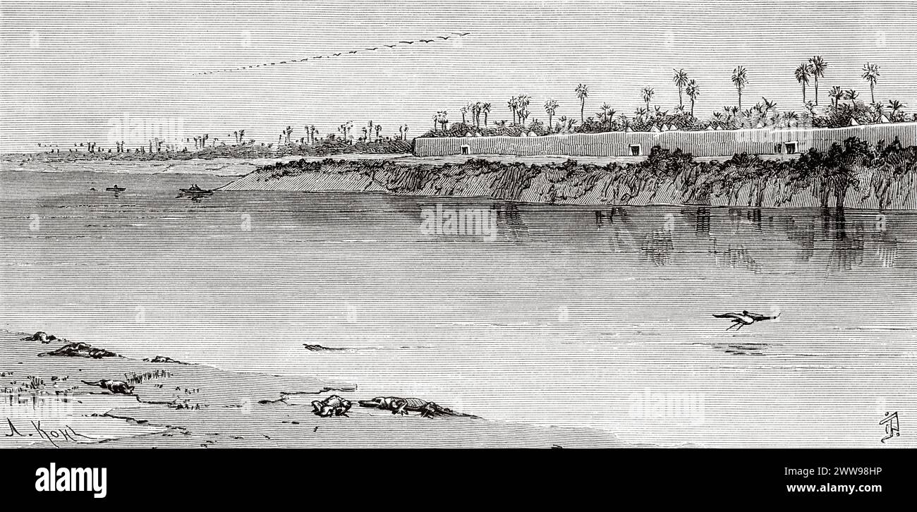 Il fiume Babusso o il fiume Chari orientale nel villaggio di Miskin, a sud-est di Logone, Ciad. Africa centrale. Disegno di Ivan Pranishnikoff (1841 - 1909) viaggio da Borno a Baguirmi 1872 del Dr. Gustav Hermann Nachtigal (1834 - 1885) le Tour du Monde 1880 Foto Stock