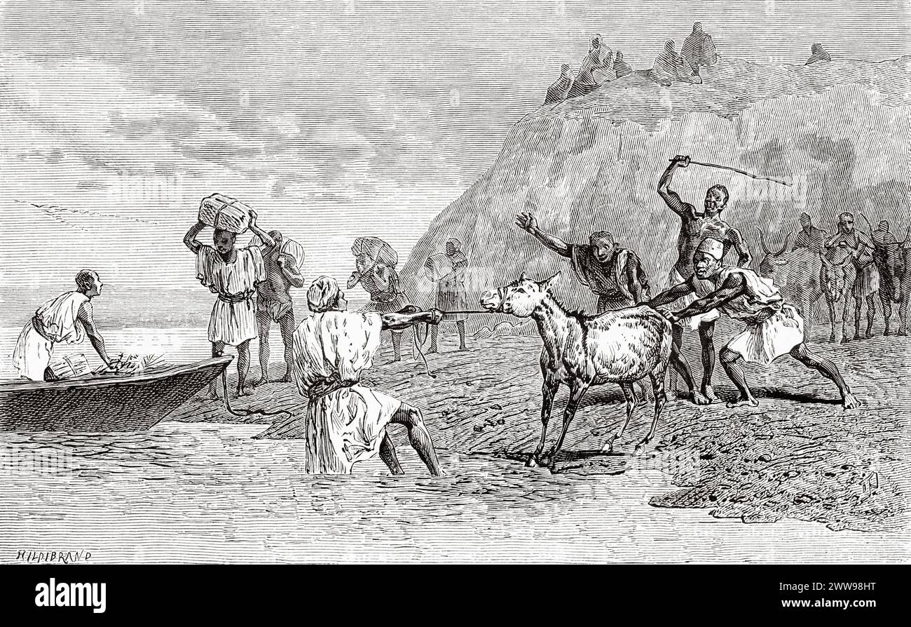 Partenza dalla città di Miskin e passaggio del fiume Chari, a sud-est di Logone, Ciad. Africa centrale. Disegno di Ivan Pranishnikoff (1841 - 1909) viaggio da Borno a Baguirmi 1872 del Dr. Gustav Hermann Nachtigal (1834 - 1885) le Tour du Monde 1880 Foto Stock