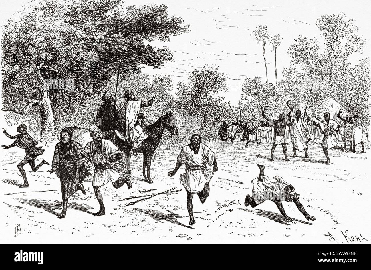 Arrivo al villaggio del gruppo etnico Mofou, Ciad. Africa centrale. Disegno di Ivan Pranishnikoff (1841 - 1909) viaggio da Borno a Baguirmi 1872 del Dr. Gustav Hermann Nachtigal (1834 - 1885) le Tour du Monde 1880 Foto Stock