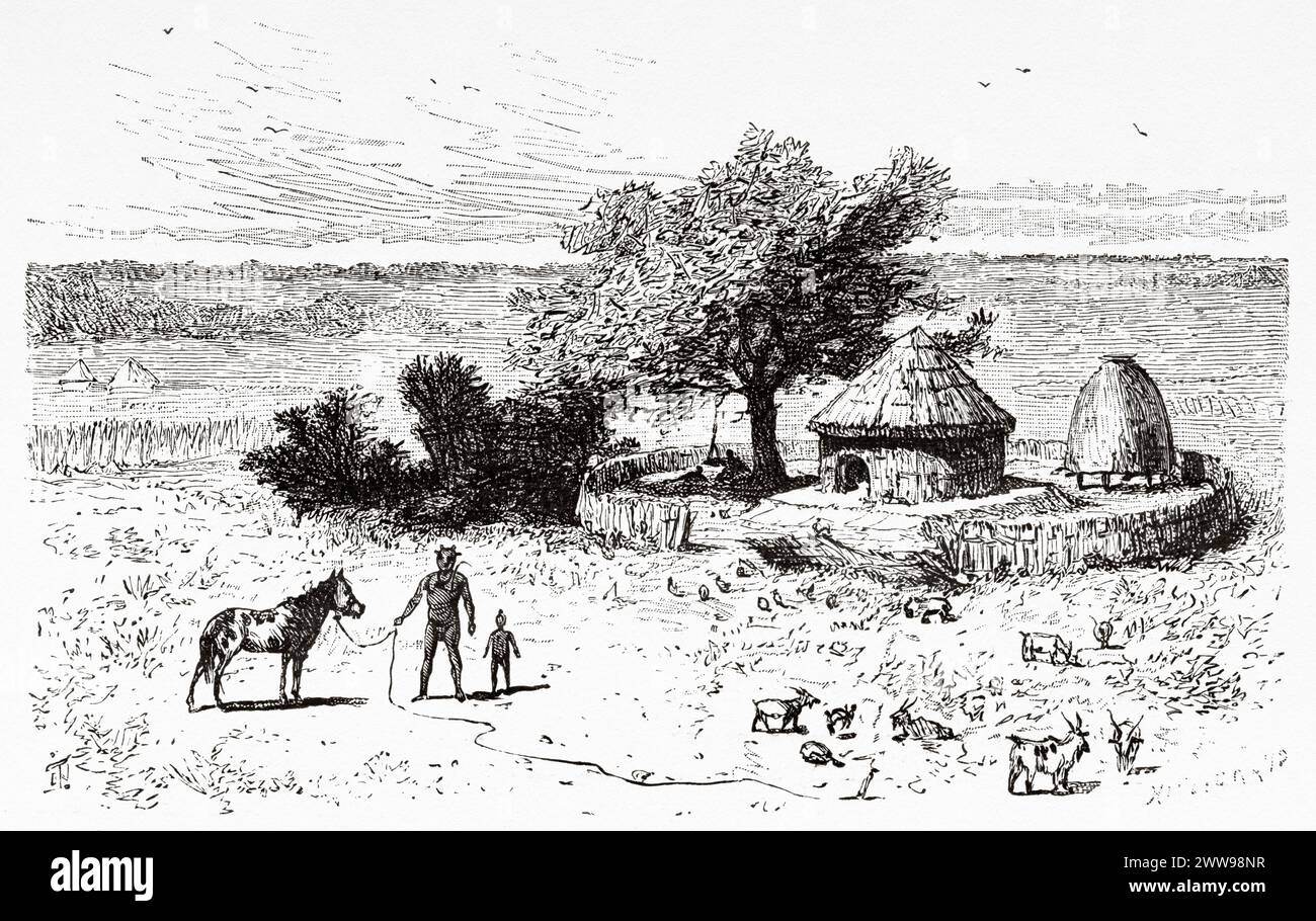 Abitazioni tradizionali del gruppo etnico Mofou, Ciad. Africa centrale. Disegno di Ivan Pranishnikoff (1841 - 1909) viaggio da Borno a Baguirmi 1872 del Dr. Gustav Hermann Nachtigal (1834 - 1885) le Tour du Monde 1880 Foto Stock