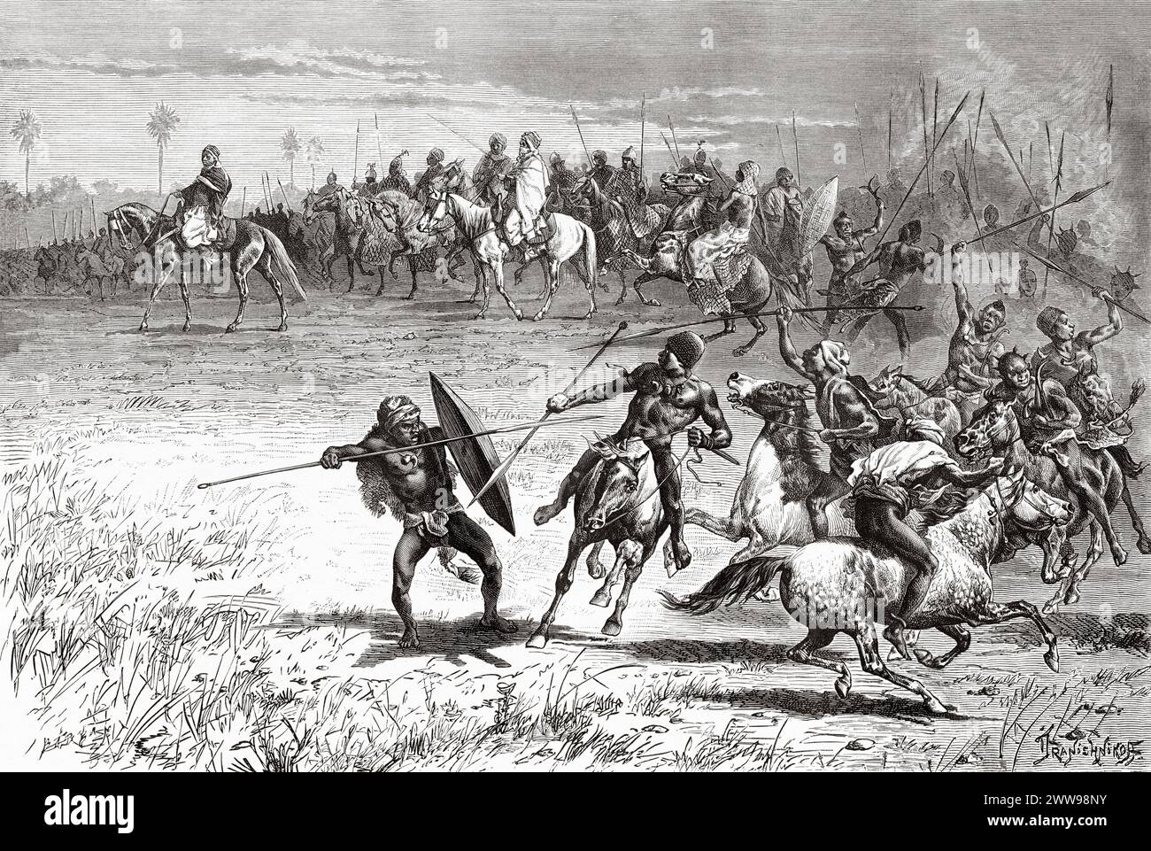 Esercito del re Mbang Mohammedou, villaggio di Massenya. Regno di Baguirmi, Ciad. Africa centrale. Disegno di Ivan Pranishnikoff (1841 - 1909) viaggio da Borno a Baguirmi 1872 del Dr. Gustav Hermann Nachtigal (1834 - 1885) le Tour du Monde 1880 Foto Stock