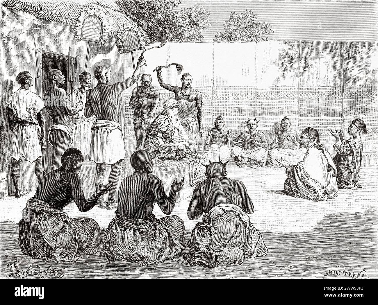 La spedizione viene ricevuta dal re Mbang Mohammedou, villaggio di Massenya. Regno di Baguirmi, Ciad. Africa centrale. Disegno di Ivan Pranishnikoff (1841 - 1909) viaggio da Borno a Baguirmi 1872 del Dr. Gustav Hermann Nachtigal (1834 - 1885) le Tour du Monde 1880 Foto Stock