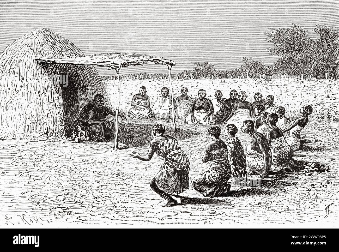 Donne vedove, villaggio di Massenya. Regno di Baguirmi, Ciad. Africa centrale. Disegno di Ivan Pranishnikoff (1841 - 1909) viaggio da Borno a Baguirmi 1872 del Dr. Gustav Hermann Nachtigal (1834 - 1885) le Tour du Monde 1880 Foto Stock