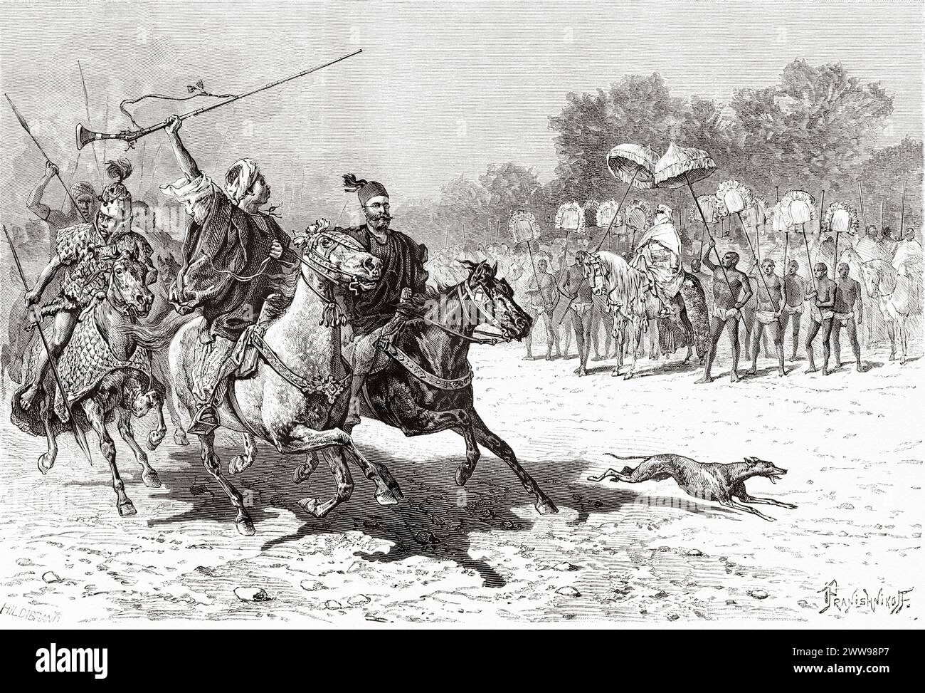 Re Mbang Mohammedou esamina le sue truppe, il villaggio di Massenya. Regno di Baguirmi, Ciad, Africa. Africa centrale. Disegno di Ivan Pranishnikoff (1841 - 1909) viaggio da Borno a Baguirmi 1872 del Dr. Gustav Hermann Nachtigal (1834 - 1885) le Tour du Monde 1880 Foto Stock