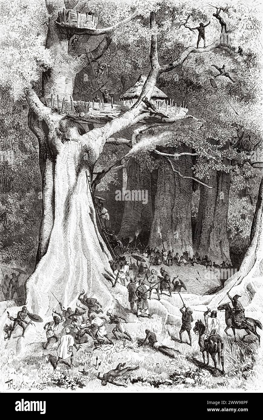 Capo Gaberi Tree Attack, Chad. Africa centrale. Disegno di Ivan Pranishnikoff (1841 - 1909) viaggio da Borno a Baguirmi 1872 del Dr. Gustav Hermann Nachtigal (1834 - 1885) le Tour du Monde 1880 Foto Stock