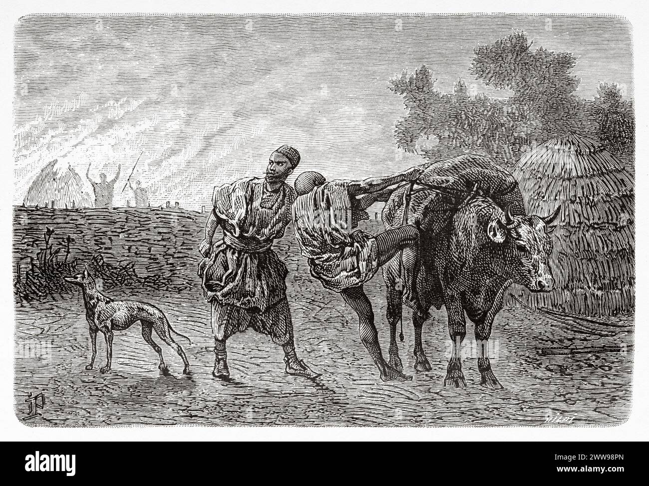 Il dottor Gustav Hermann porta i suoi bagagli per fuggire, Chad. Africa centrale. Disegno di Ivan Pranishnikoff (1841 - 1909) viaggio da Borno a Baguirmi 1872 del Dr. Gustav Hermann Nachtigal (1834 - 1885) le Tour du Monde 1880 Foto Stock