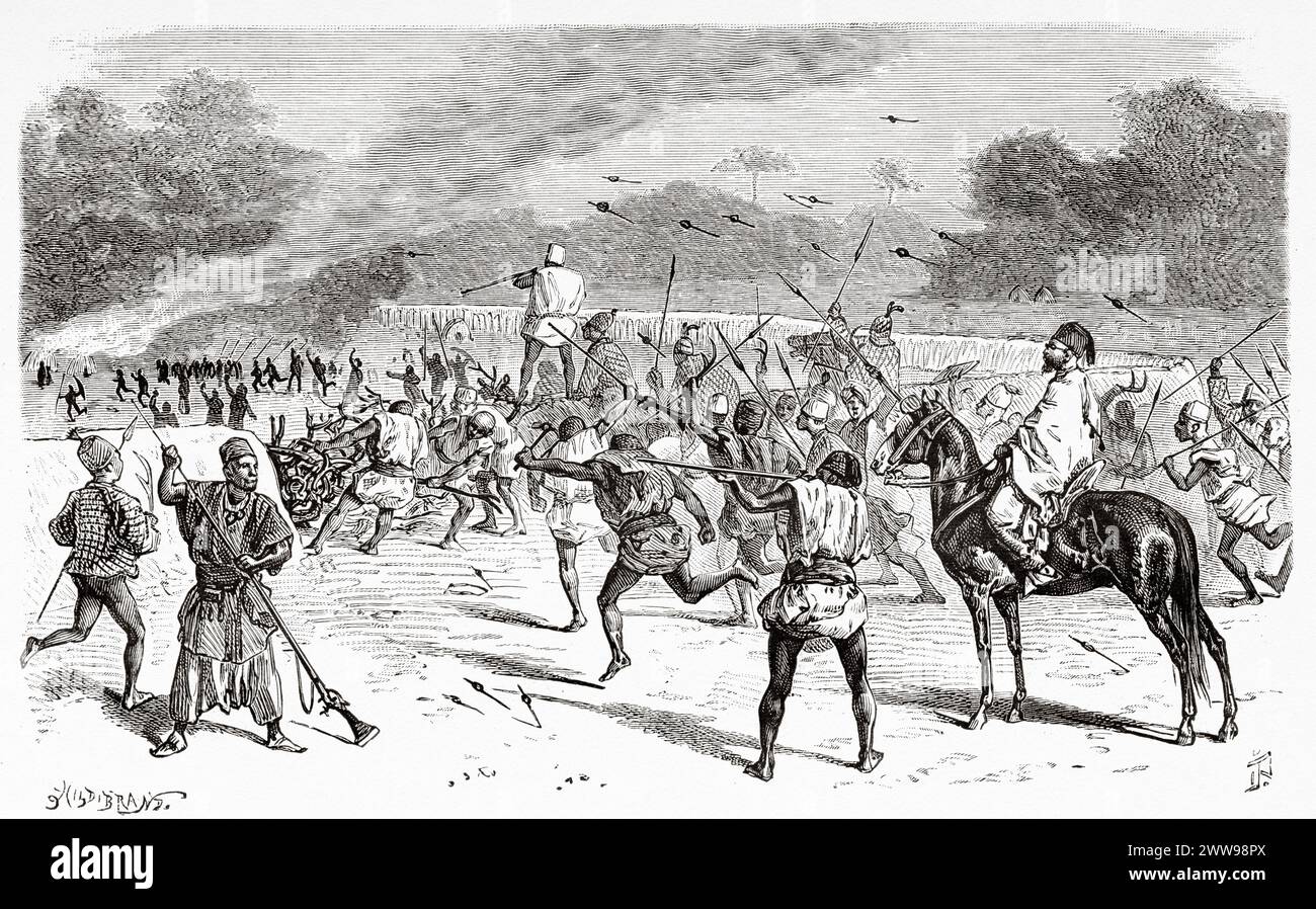 Attacco al villaggio, Chad. Africa centrale. Disegno di Ivan Pranishnikoff (1841 - 1909) viaggio da Borno a Baguirmi 1872 del Dr. Gustav Hermann Nachtigal (1834 - 1885) le Tour du Monde 1880 Foto Stock