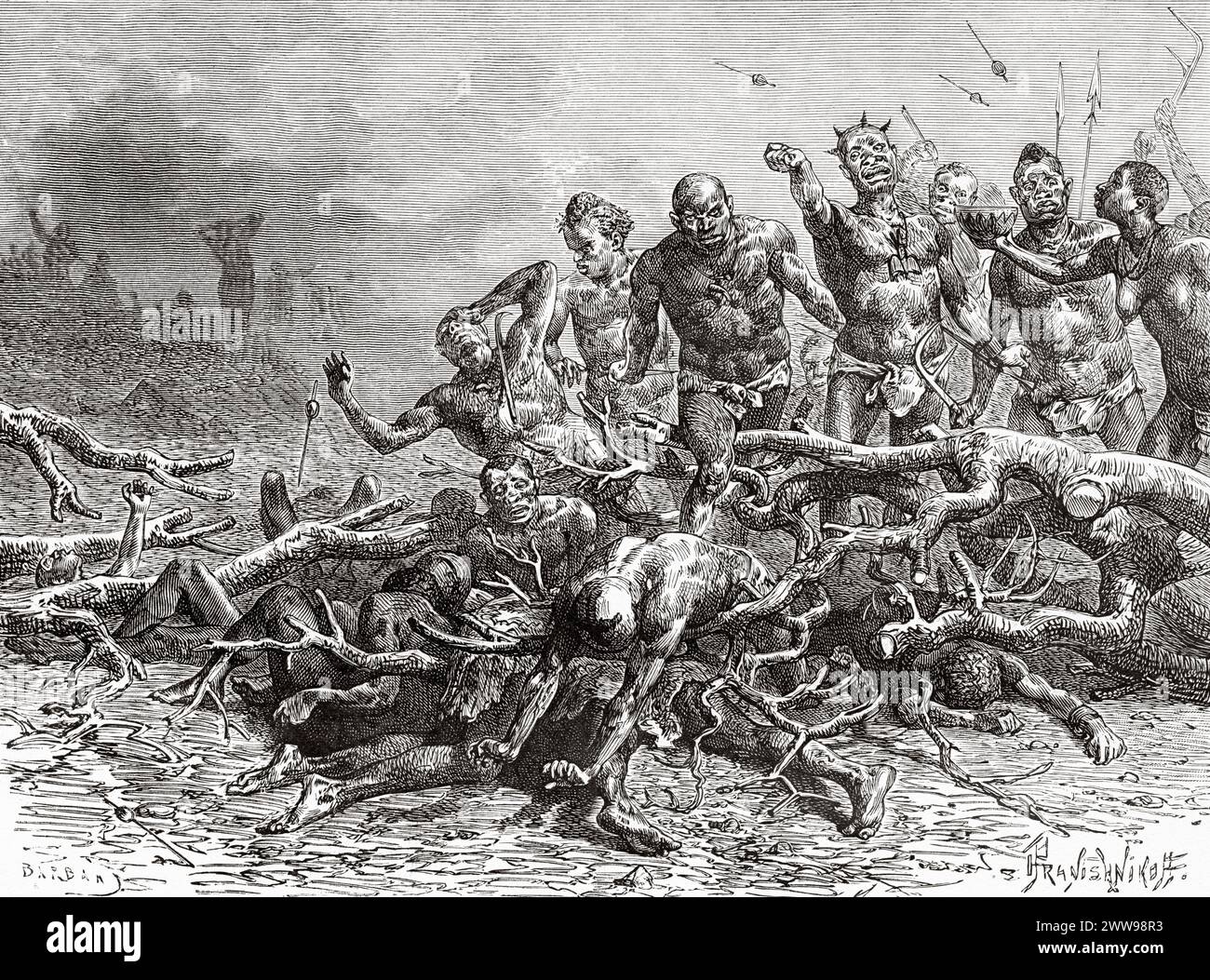 Gente morta sul campo di battaglia, Chad. Africa centrale. Disegno di Ivan Pranishnikoff (1841 - 1909) viaggio da Borno a Baguirmi 1872 del Dr. Gustav Hermann Nachtigal (1834 - 1885) le Tour du Monde 1880 Foto Stock