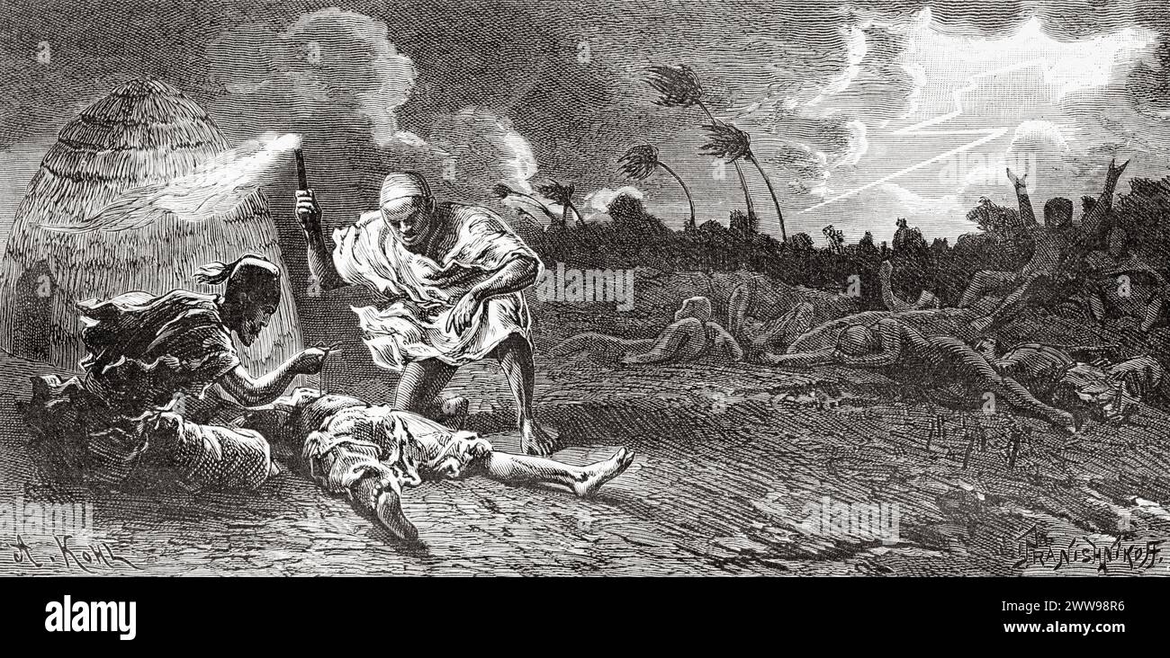 Il dottor Gustav Hermann tratta i feriti, Ciad. Africa centrale. Disegno di Ivan Pranishnikoff (1841 - 1909) viaggio da Borno a Baguirmi 1872 del Dr. Gustav Hermann Nachtigal (1834 - 1885) le Tour du Monde 1880 Foto Stock