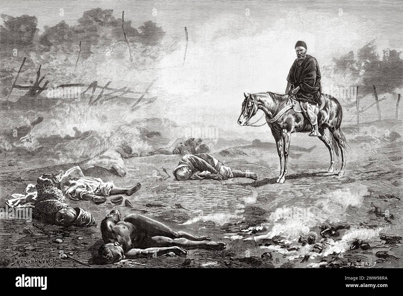 Il dottor Gustav Hermann ha osservato i morti sul campo di battaglia, Ciad. Africa centrale. Disegno di Ivan Pranishnikoff (1841 - 1909) viaggio da Borno a Baguirmi 1872 del Dr. Gustav Hermann Nachtigal (1834 - 1885) le Tour du Monde 1880 Foto Stock