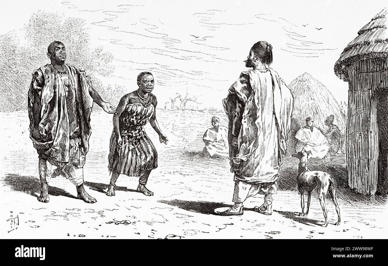 Il re invia una delle sue mogli al dottor Gustav Hermann come regalo, Ciad. Africa centrale. Disegno di Ivan Pranishnikoff (1841 - 1909) viaggio da Borno a Baguirmi 1872 del Dr. Gustav Hermann Nachtigal (1834 - 1885) le Tour du Monde 1880 Foto Stock