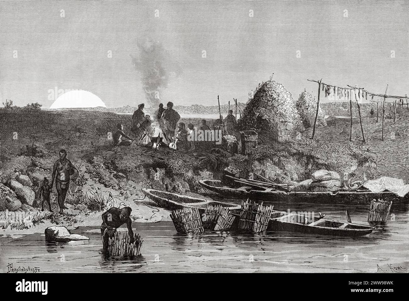 La spedizione riposa, pesca e feste sulle rive del fiume Chari, Ciad. Africa centrale. Disegno di Ivan Pranishnikoff (1841 - 1909) viaggio da Borno a Baguirmi 1872 del Dr. Gustav Hermann Nachtigal (1834 - 1885) le Tour du Monde 1880 Foto Stock