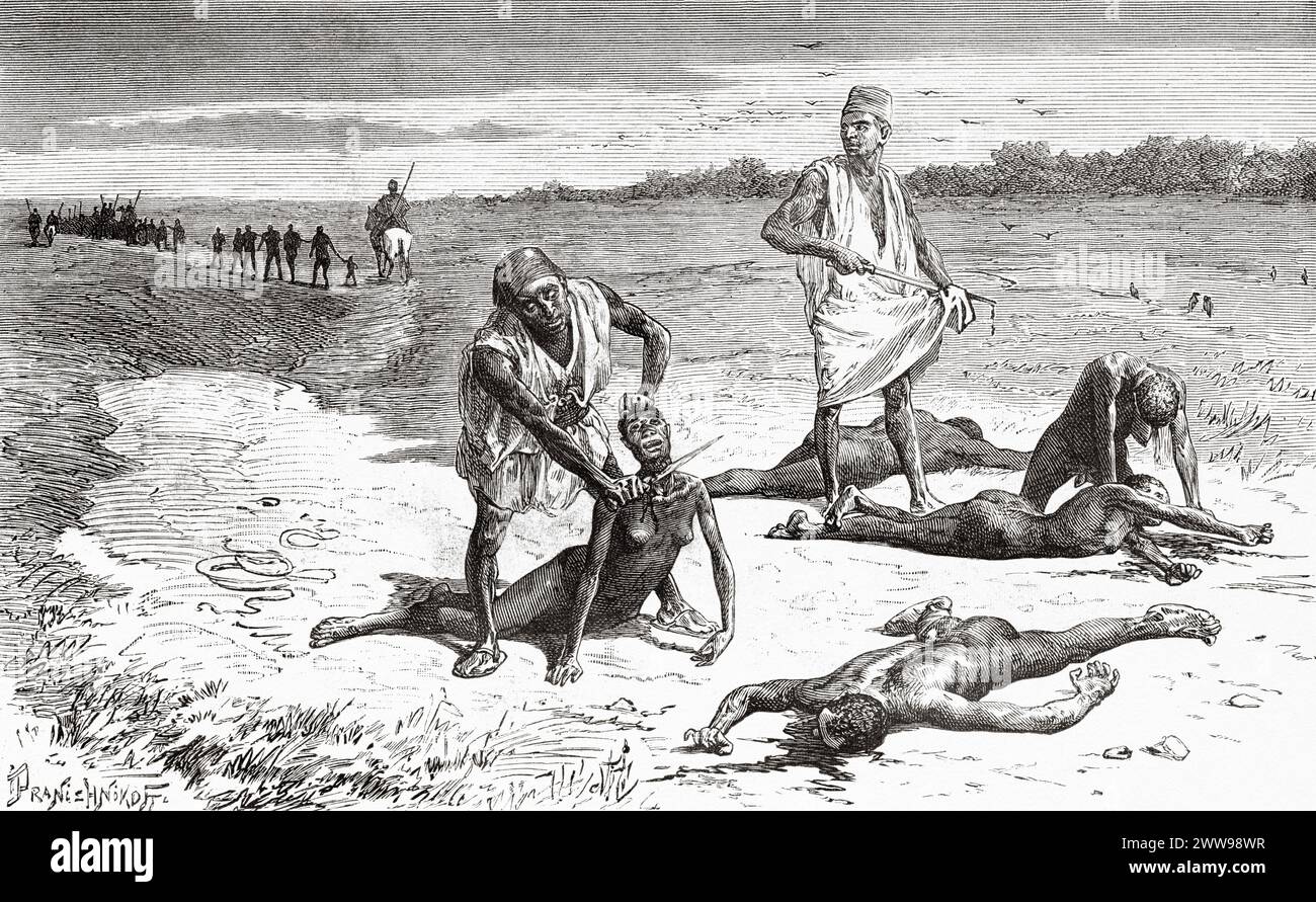 Tagliando la gola a schiavi malati che non possono seguire la carovana, Ciad. Africa centrale. Disegno di Ivan Pranishnikoff (1841 - 1909) viaggio da Borno a Baguirmi 1872 del Dr. Gustav Hermann Nachtigal (1834 - 1885) le Tour du Monde 1880 Foto Stock