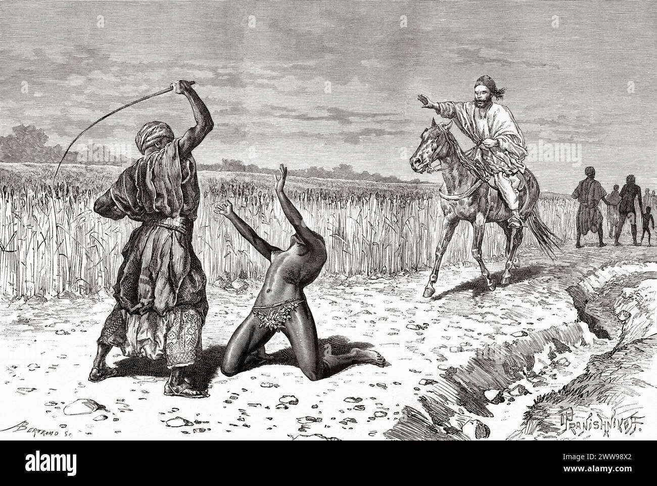 Il dottor Gustav Hermann salva uno schiavo dal frullare, Chad. Africa centrale. Disegno di Ivan Pranishnikoff (1841 - 1909) viaggio da Borno a Baguirmi 1872 del Dr. Gustav Hermann Nachtigal (1834 - 1885) le Tour du Monde 1880 Foto Stock