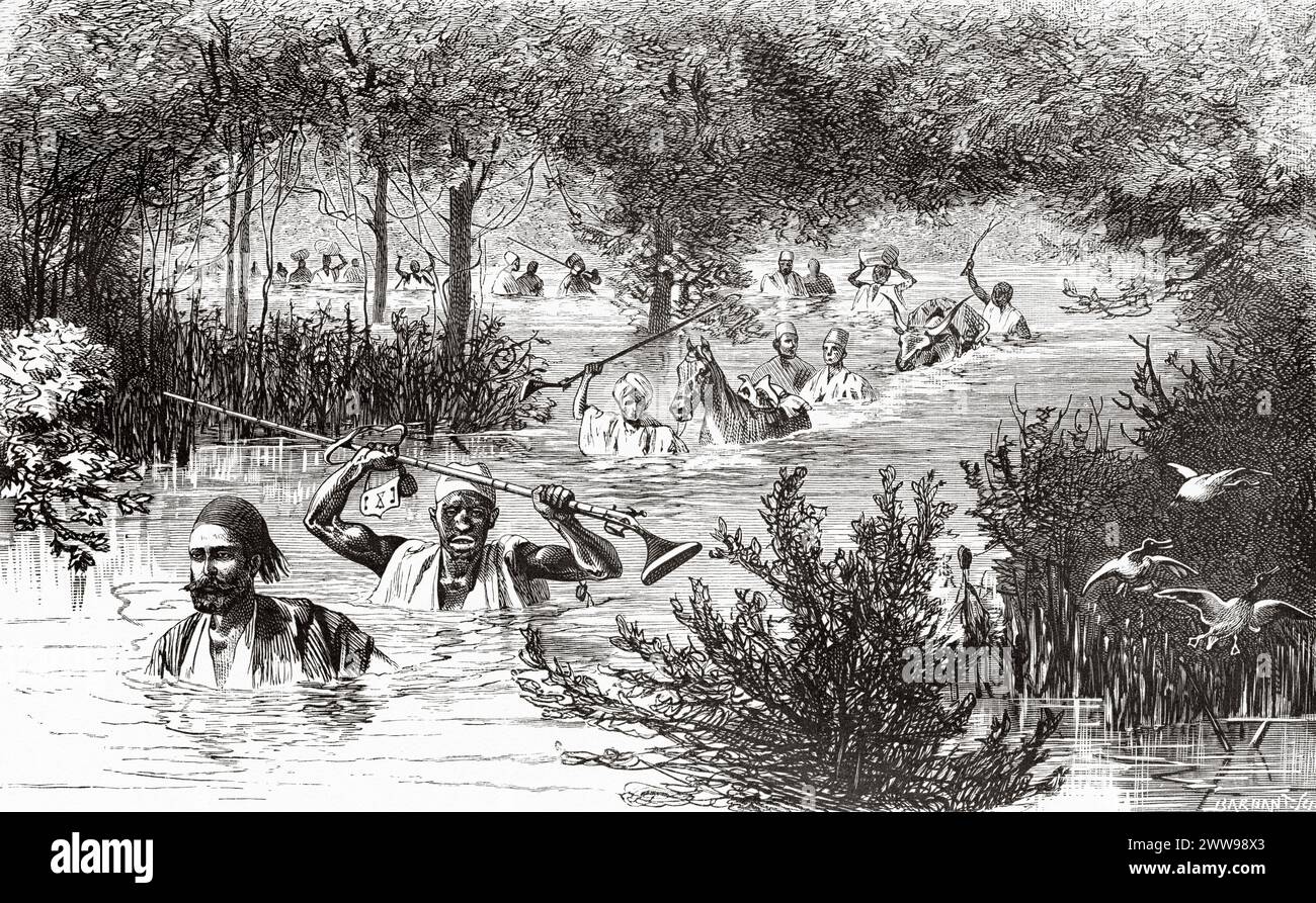 La carovana che attraversa il fiume Logone. Confine di Stato tra Camerun e Ciad. Africa centrale. Disegno di Ivan Pranishnikoff (1841 - 1909) viaggio da Borno a Baguirmi 1872 del Dr. Gustav Hermann Nachtigal (1834 - 1885) le Tour du Monde 1880 Foto Stock