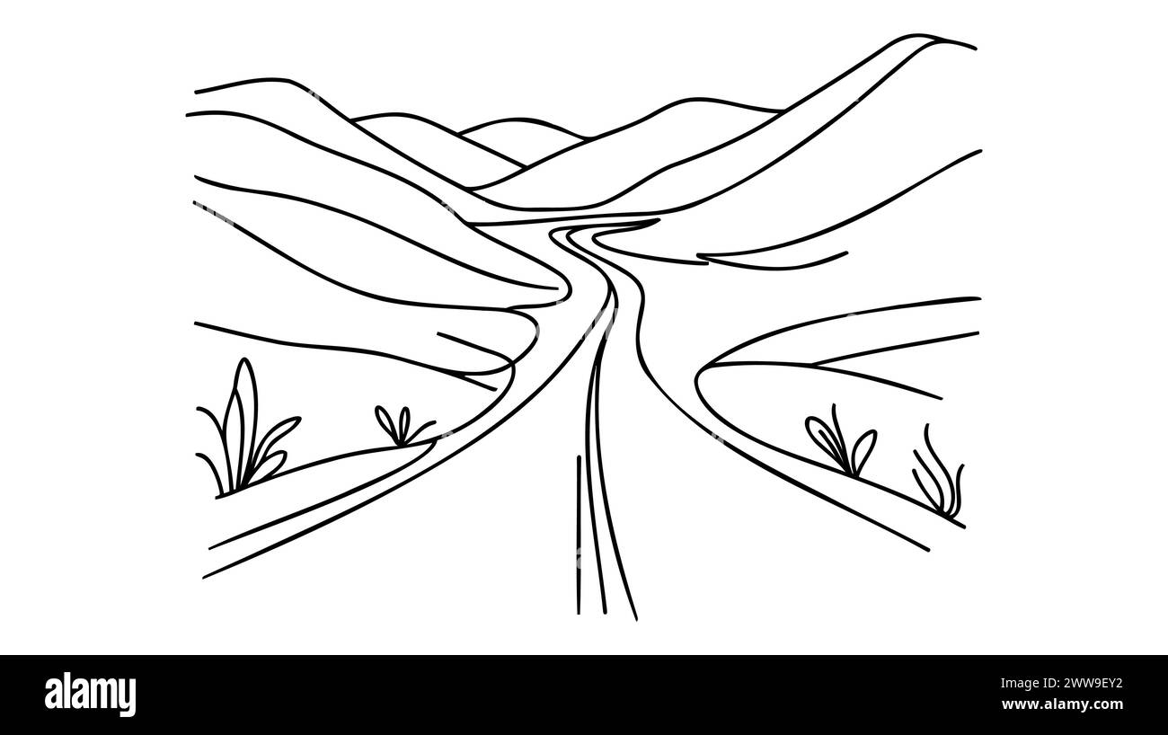 Disegno vettoriale continuo di un paesaggio rurale a una linea. Colline, case, alberi e sagoma disegnata a mano su strada. Schizzo panoramico sulla natura di campagna. Illustrazione Vettoriale