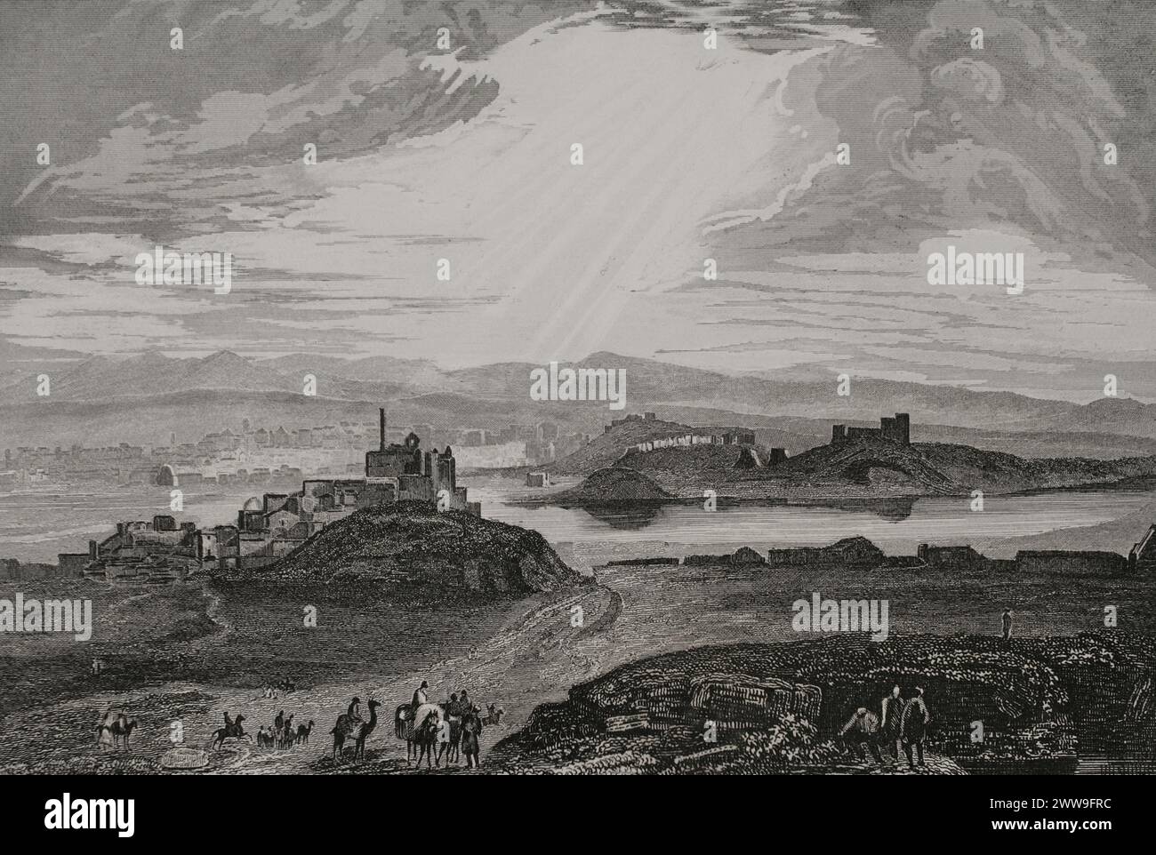 Antica Mesopotamia. Ninive (vicino all'attuale Mosul, Iraq). Vista panoramica della città lungo il fiume Tigri. Incisione di Aubert. "La Tierra Santa y los lugares recorridos por los profetas, por los apóstoles y por los cruzados" (la Terra Santa e i siti attraversati dai profeti, dagli apostoli e dai crociati). Pubblicato a Barcellona dalla tipografia di Joaquin Verdaguer, 1840. Foto Stock