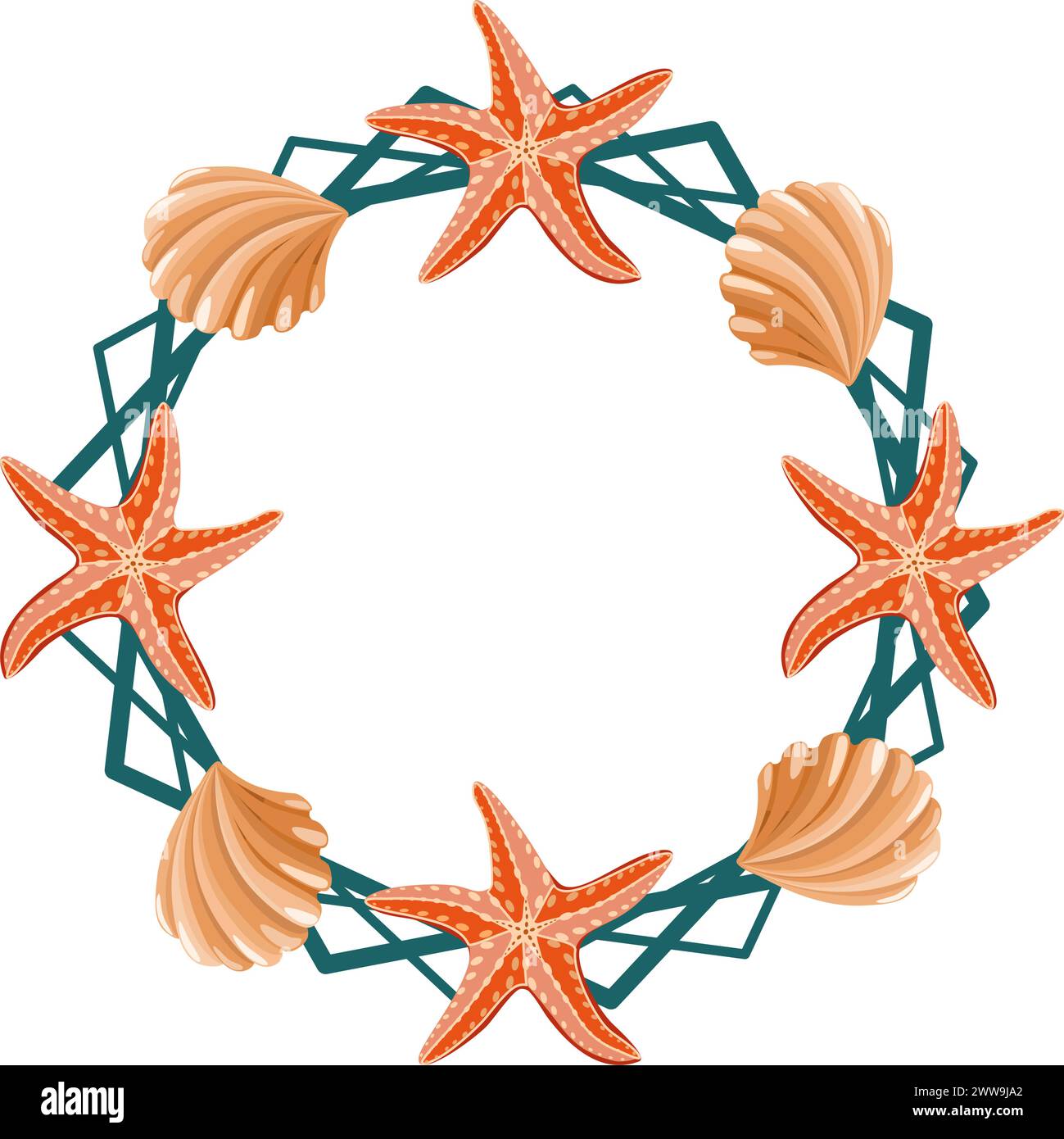 Cornice estiva con illustrazione vettoriale stella marina e conchiglie Illustrazione Vettoriale