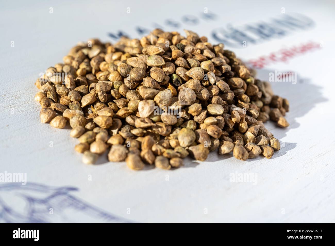 mucchio di semi di spinaci su sfondo bianco Foto Stock