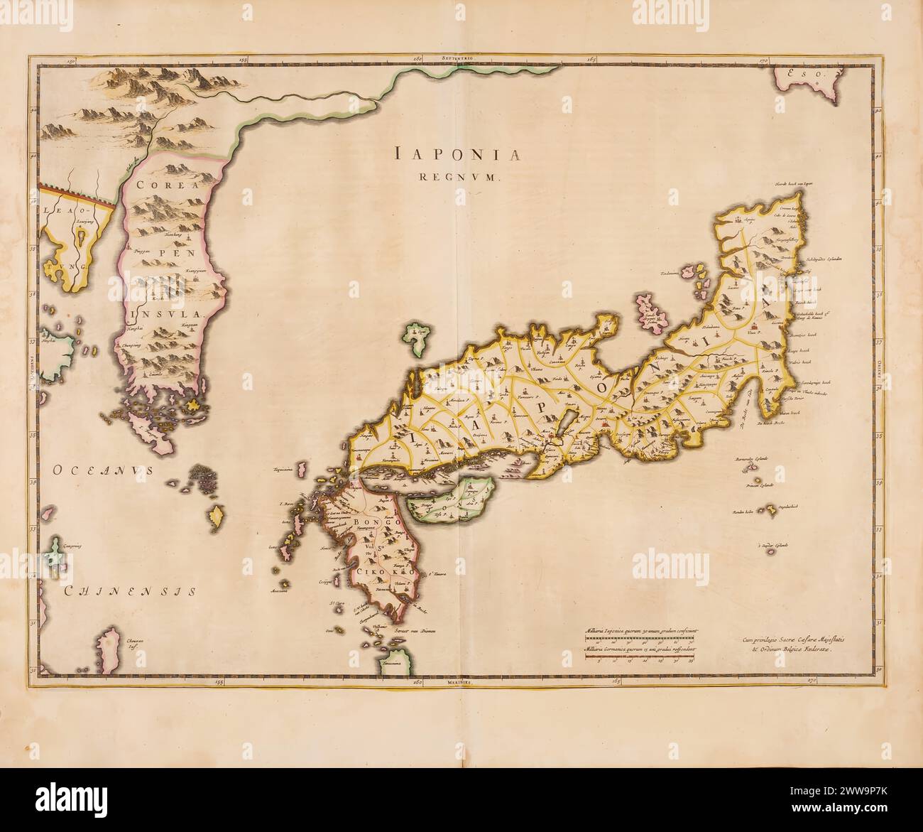 Mappa vintage del Giappone, pubblicata nel 1655 da Joan Blaeu Foto Stock