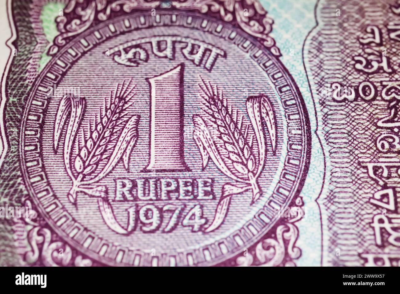 Primo piano di una vecchia banconota in valuta indiana della Rupia (focalizzazione sul centro) Foto Stock