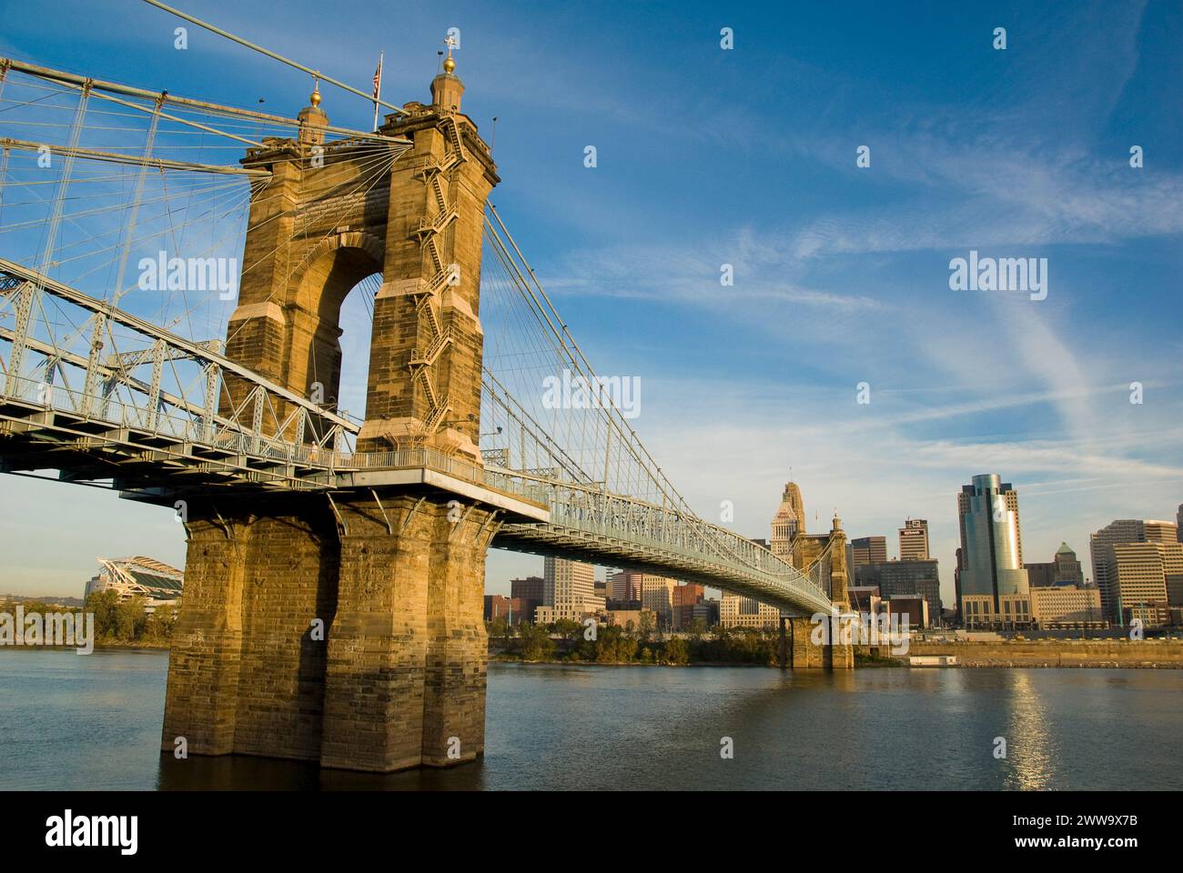 Roebling Suspension Bridge sul fiume Ohio, fu costruito nel 1866 - Cincinnati, Ohio - USA Foto Stock