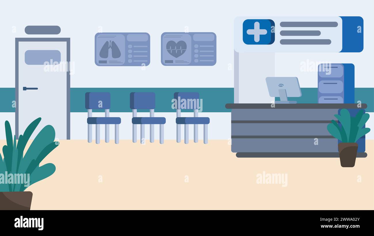 Illustrazione vettoriale in stile cartoni animati di una sala d'attesa vuota dell'ospedale con sedie blu, una reception con un computer e una pianta in vaso. Niente persone. Illustrazione Vettoriale