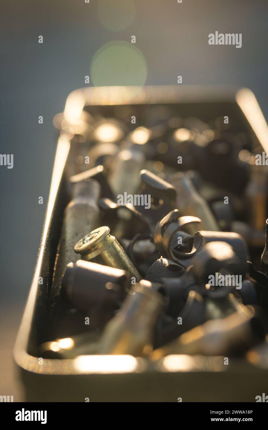 Gli involucri proiettili da 7,62 mm e le clip per cintura sparsi in un contenitore di munizioni dopo un'esercitazione di fuoco vivo nelle acque intorno al bombardamento Target 11, Piney Island, North Carolina, 19 marzo 2024. I Royal Netherlands Marine Corps utilizzarono le aree di addestramento dei punti ciliegia MCAS per condurre esercitazioni a fuoco vivo da mare a mare e da mare a terra, consentendo ai Korps Mariniers di affinare le abilità e mantenere la preparazione della missione. (Foto U.S. Marine Corps di Lance Cpl. Matthew Williams) Foto Stock