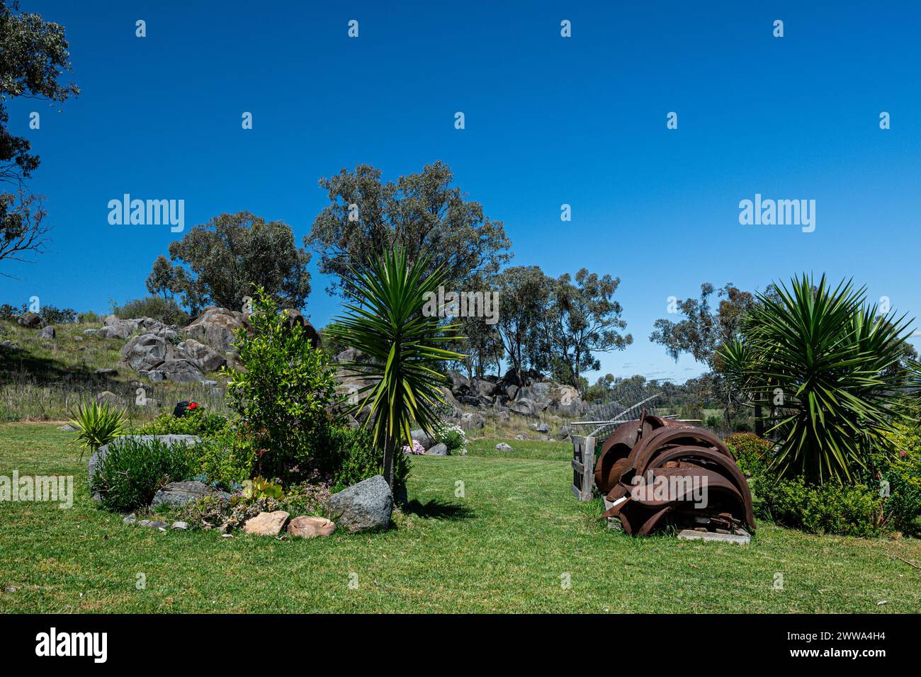Un tranquillo giardino con piante lussureggianti e macchinari arrugginiti fonde la bellezza della natura con un tocco di storia. Foto Stock