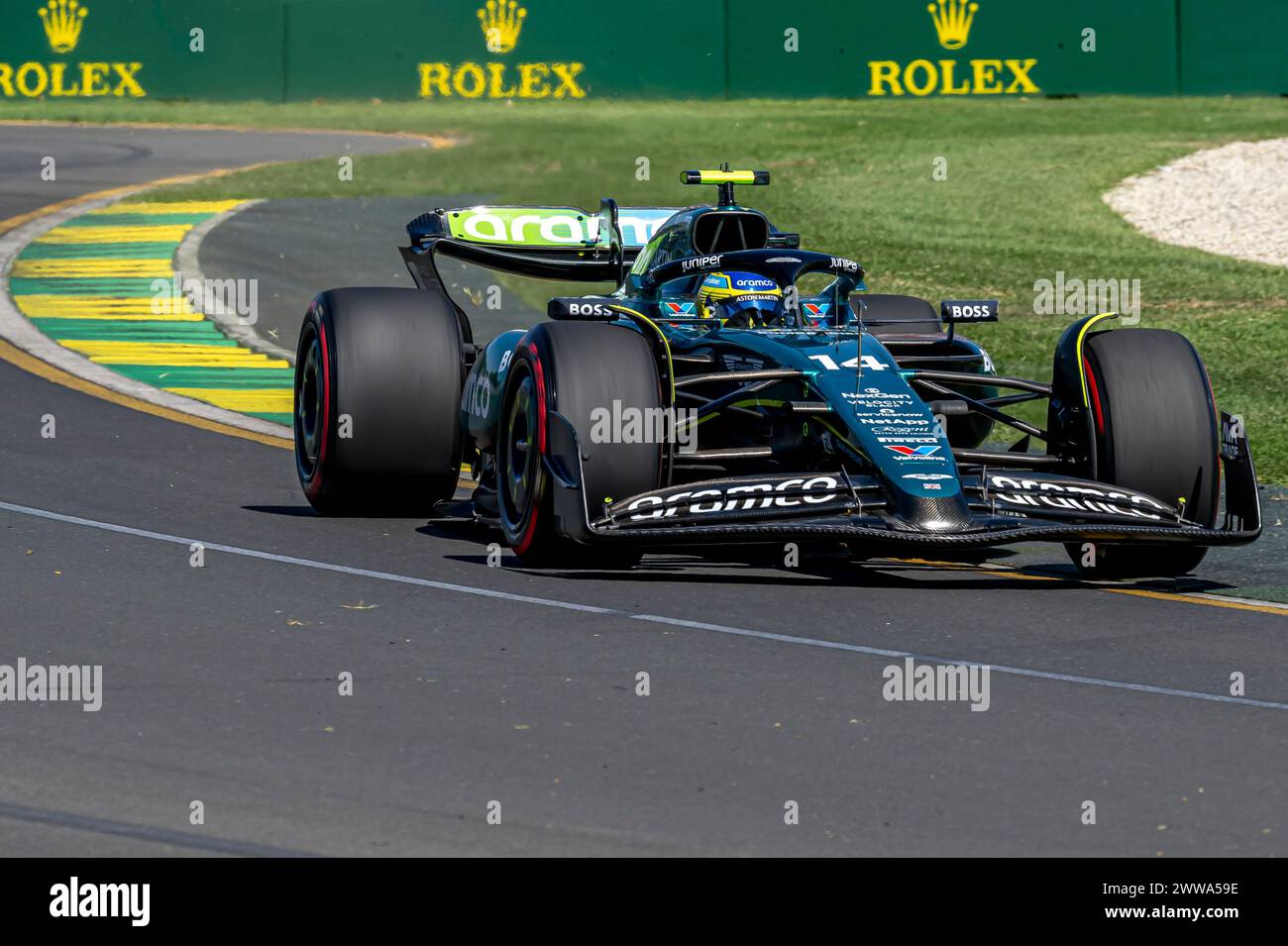 Melbourne, Australia, 22 marzo, Fernando Alonso, spagnolo gareggia per l'Aston Martin F1. Allenamento, round 03 del campionato di Formula 1 2024. Crediti: Michael Potts/Alamy Live News Foto Stock