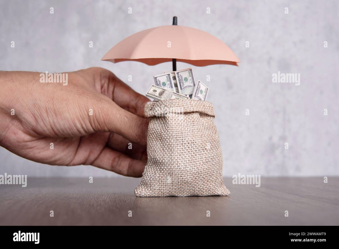 Mano che tiene l'ombrello che protegge il sacco di soldi. Sicurezza finanziaria, assicurazione di protezione del reddito. Foto Stock