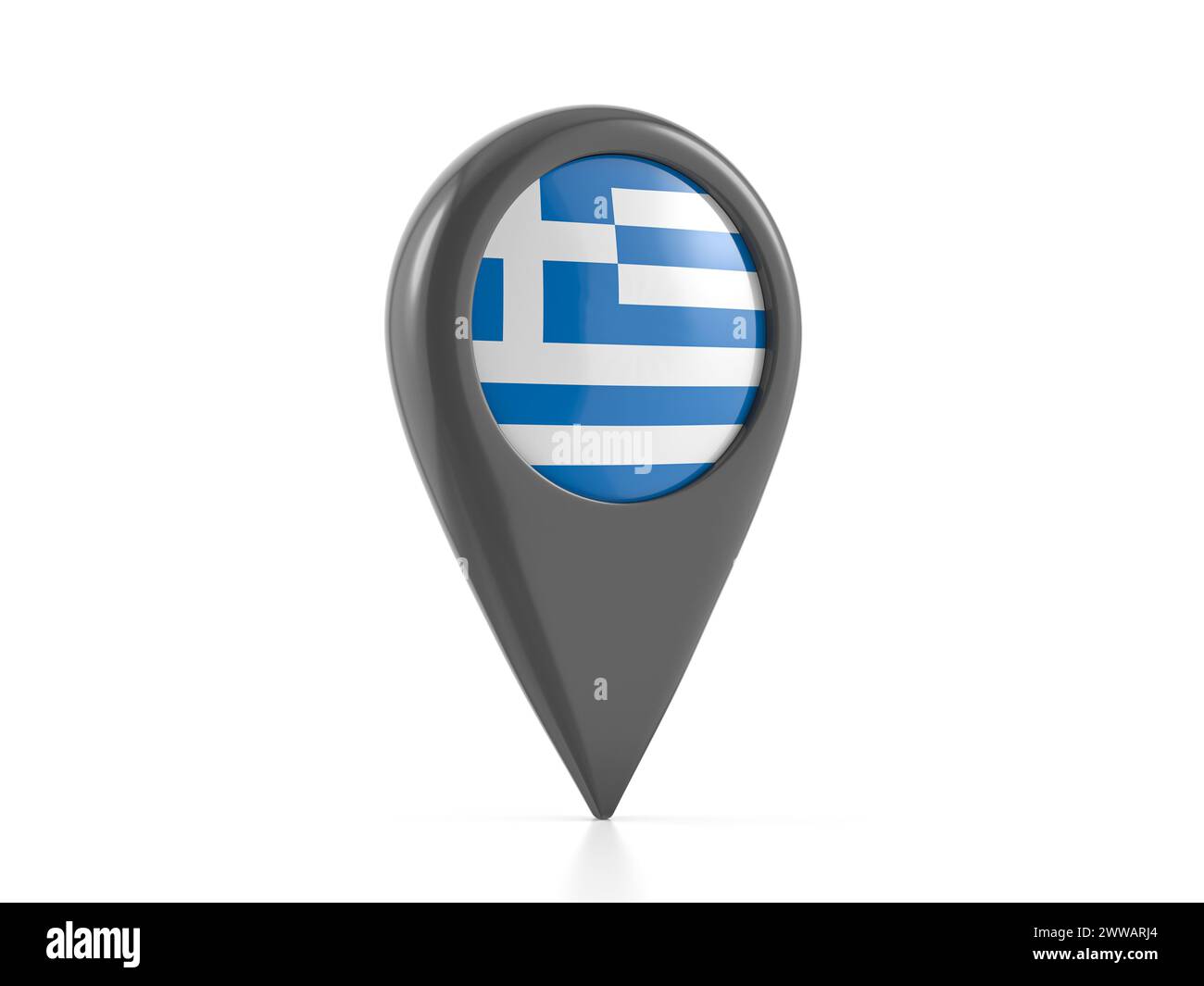 Marcatore della mappa con bandiera della Grecia su sfondo bianco. illustrazione 3d. Foto Stock