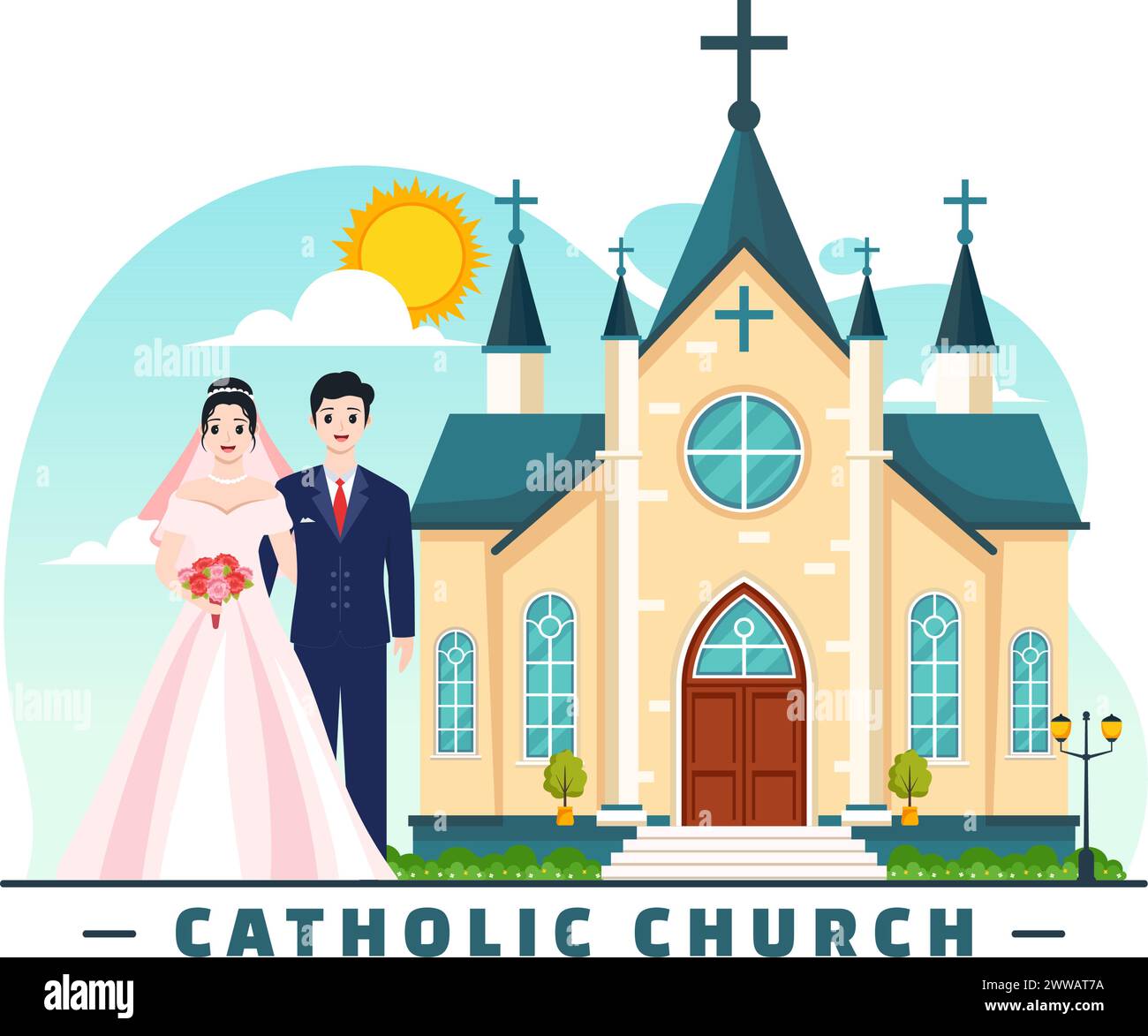 Cattedrale della Chiesa cattolica come luogo sacro per matrimoni Flat Cartoon sfondo illustrazione vettoriale Illustrazione Vettoriale