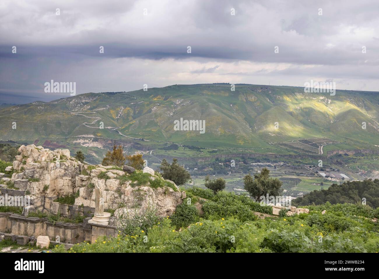 viste delle alture del golan in israele dalle rovine romane di umm qais (formalmente chiamata gadara) in giordania Foto Stock