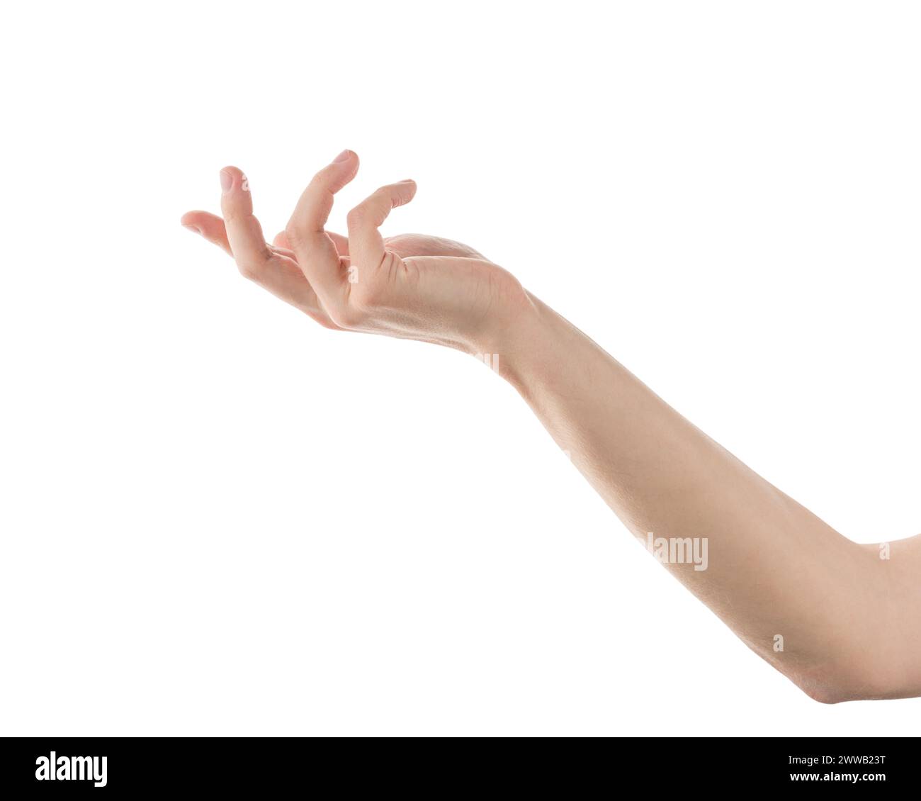 Uomo adulto con la mano stretta afferrare qualcosa isolato su sfondo bianco, vista laterale Foto Stock