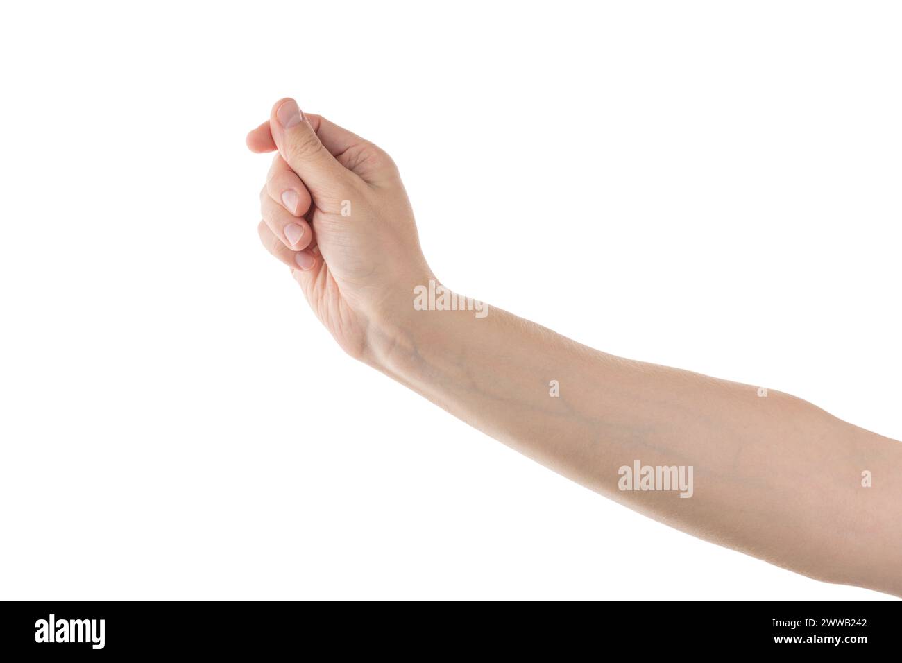 Uomo adulto tenere una mano qualcosa isolato su sfondo bianco, vista laterale Foto Stock