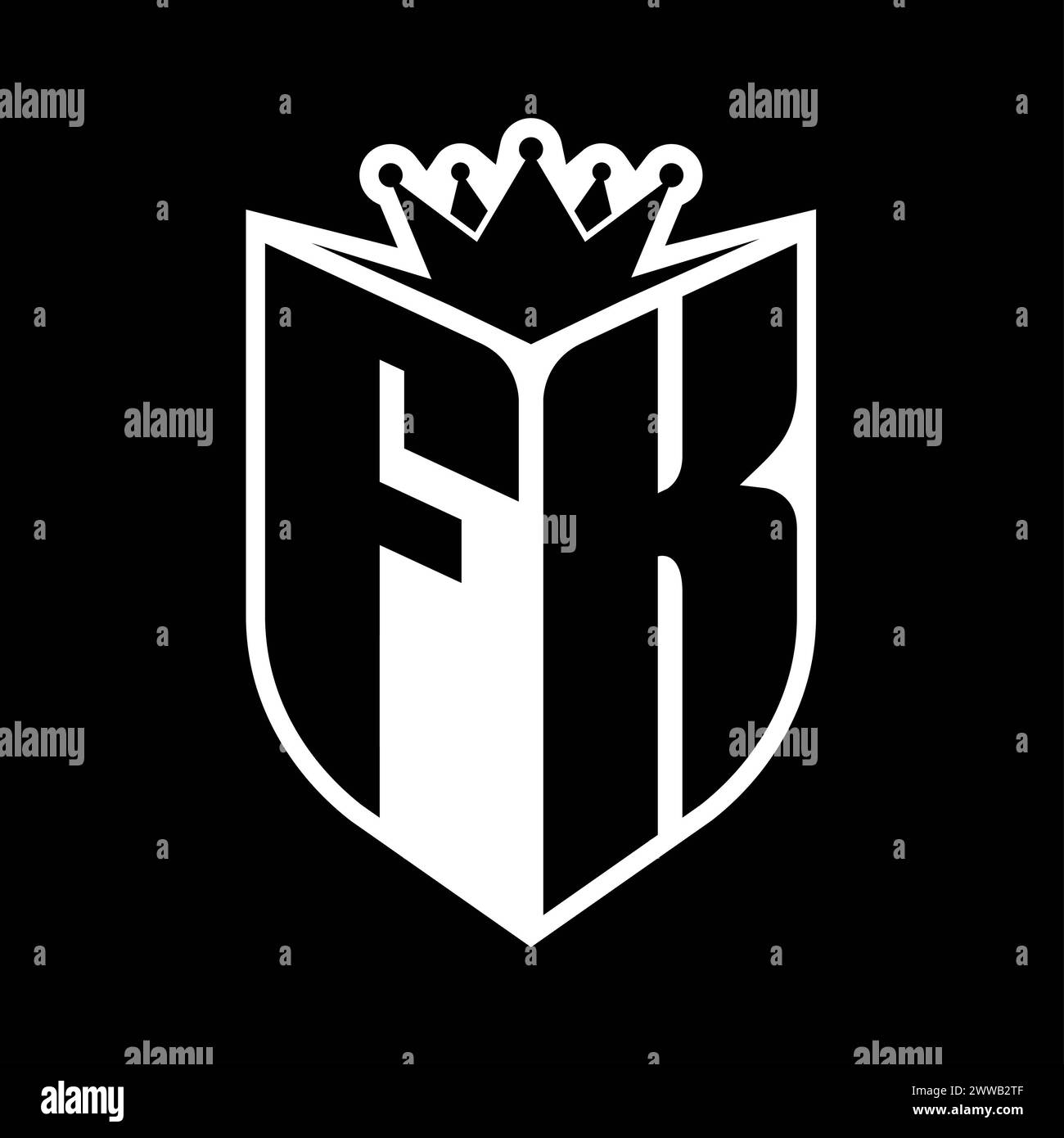 Monogramma in grassetto FK Letter con scudo e corona affilata all'interno dello scudo modello di design in bianco e nero Foto Stock
